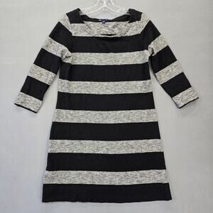 Gap Black Gray Wide Striped Knit Mini Dress 3/4 Sleeves Scoop Neck Womens Size M